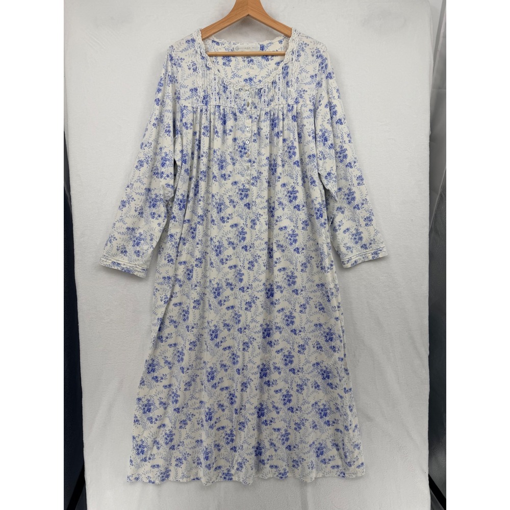 Eileen West Blue Floral Cotton Nightgown XL Long Sleeve Lace Trim Grandmacore